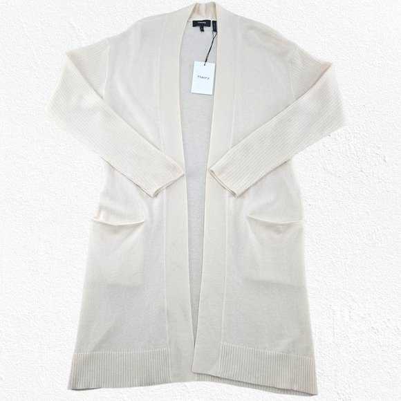 Theory Ivory Rib Sleeve Cashmere Cardigan Soft Knit Sweater Size Medium FLAWED - Picture 1 of 13